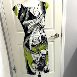 Connected Apparel White, Green & Black Print Draped Front Fitted Midi Dress
